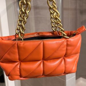 Zara Orange Quilted Shoulder Bag with Gold Chain